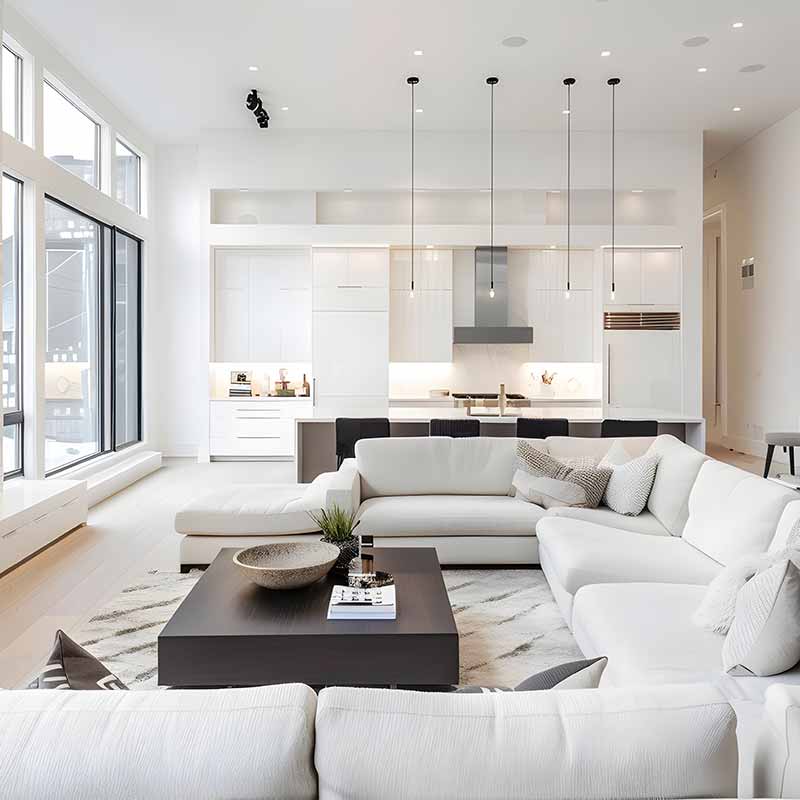 Salon moderne de maison avec cuisine ouverte